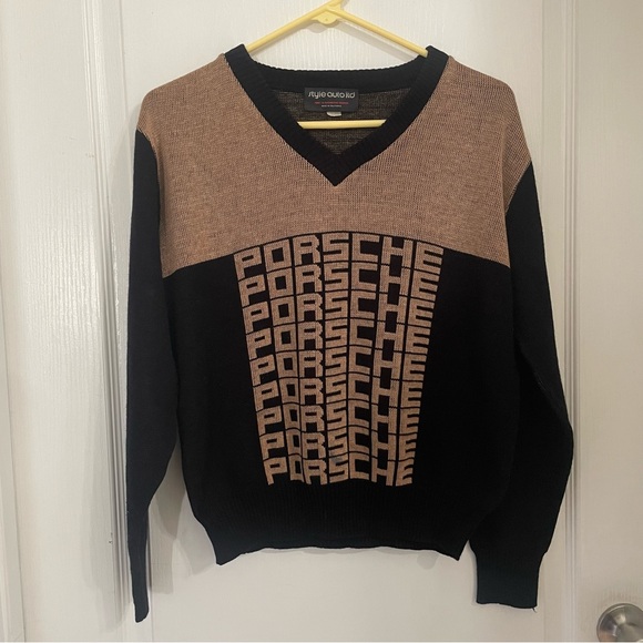 Rare PORSCHE 1970’s Style Auto LTD Black and Tan V-Neck Men's Sweater Size Med